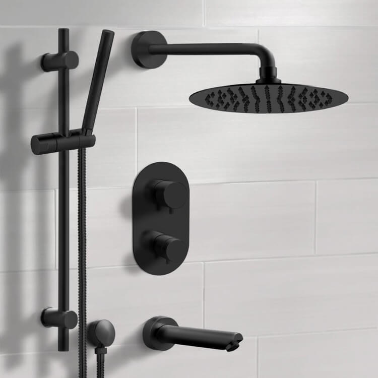 Remer TSR36-10 Matte Black Thermostatic Tub and Shower Faucet Set with 10 Inch Rain Shower Head and Hand Shower